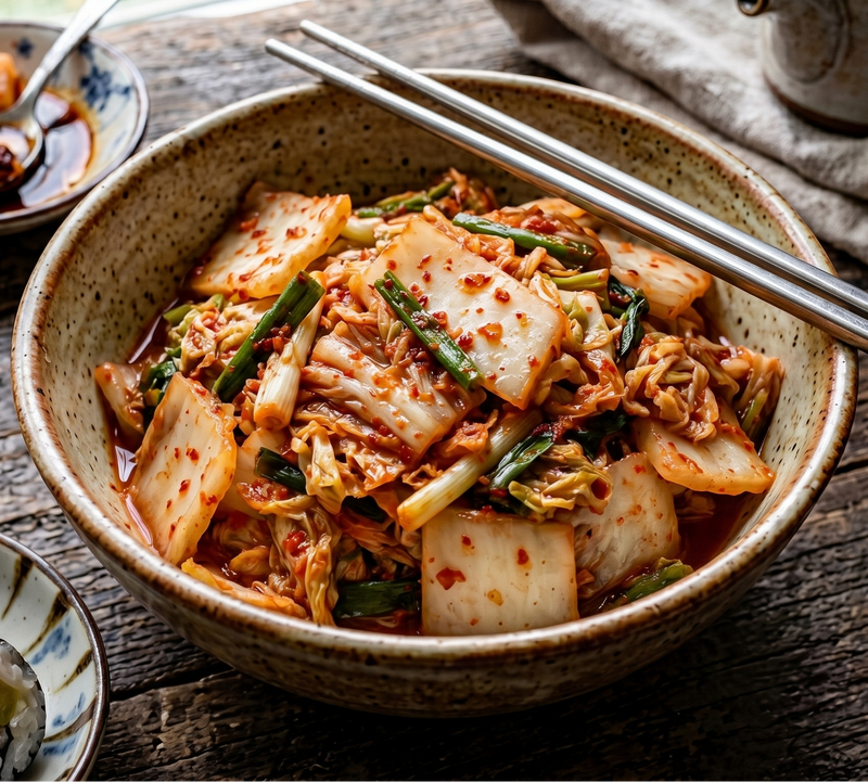 Perfectly fermented spicy Kimchi adds tang, crunch, and deep fermented complexity.